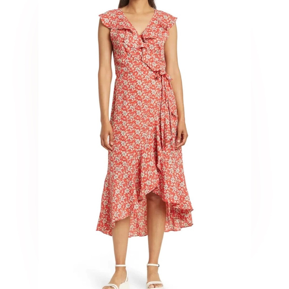 Max Studio Orange Ditsy Floral Flutter Sleeve Wrap Midi Dress
